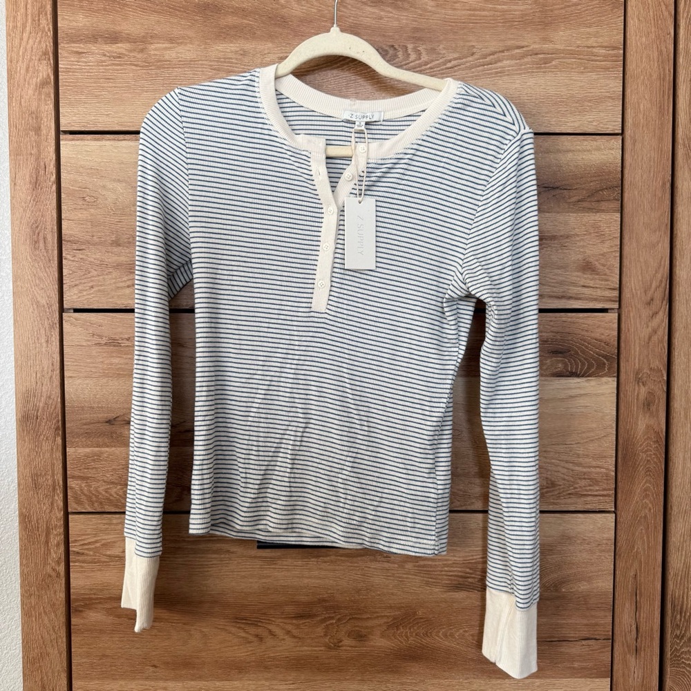 Z Supply Cream and Gray Striped Long Sleeve Henley - Picture 2 of 3